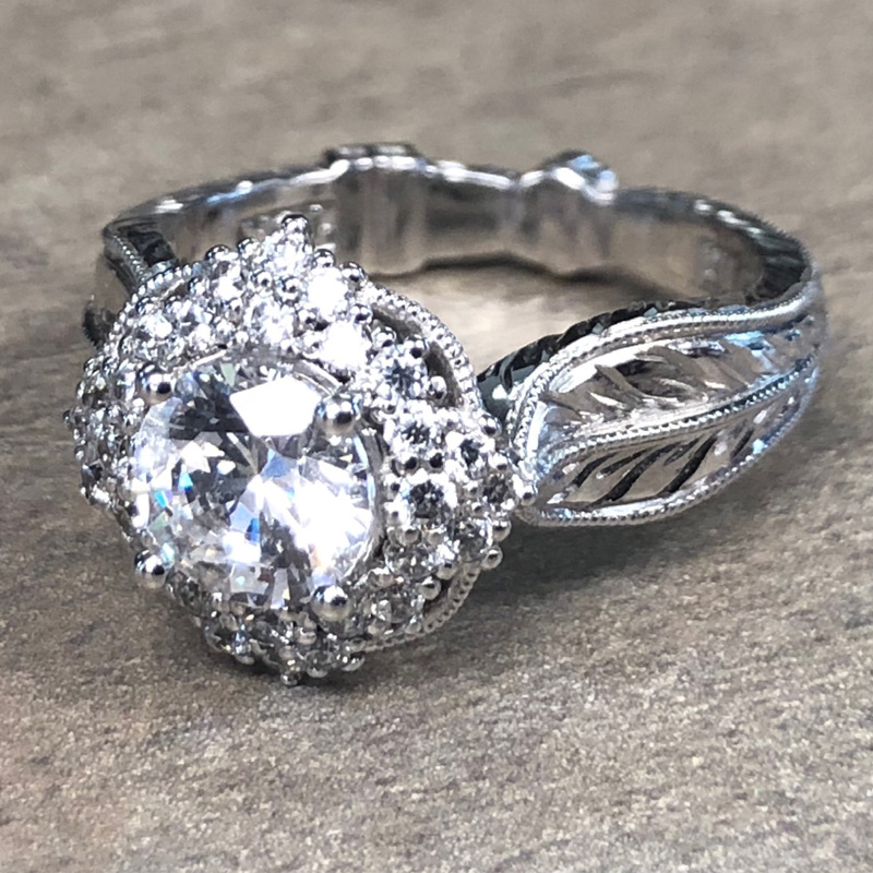 14K White Gold Floral Halo Engagement Ring